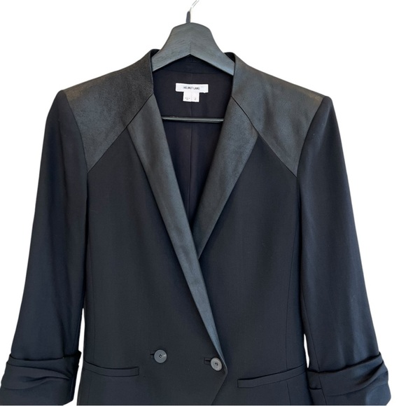 Helmut Lang Wool Leather Panel Blazer Black 2 Ruched Sleeves Contemporary Chic - Picture 2 of 6